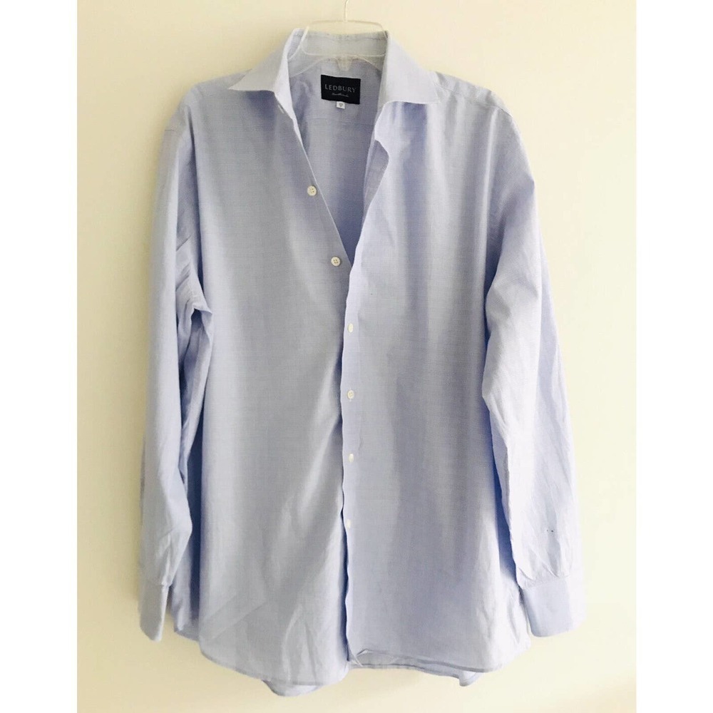 Ledbury | Mens Blue Long Sleeve Button Front Collared Stripe Dress Shirt Size 37